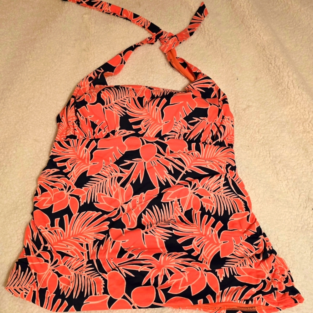 Lands' End Women's Swim Top - Navy and Orange Tropical Print